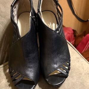 Calvin Klein Black Leather Strappy Peep-Toe Slingback Heels